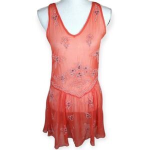 FOREVER 21 ORANGE/CORAL EMBELLISHED SHEER DRESS/COVERUP SZ.M EUC.